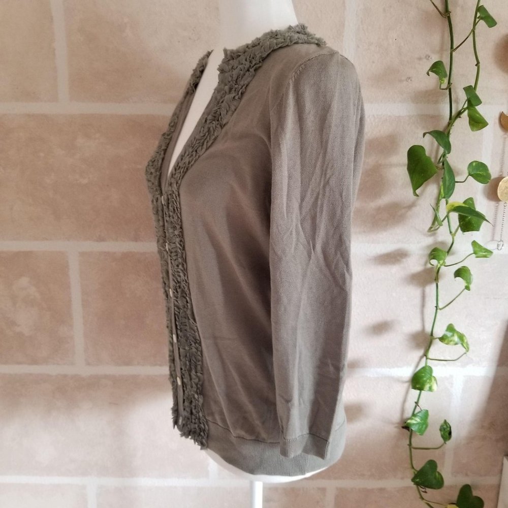 Talbots Olive Ruffle Trim Cardigan Sweater Sage Green Grey Sz Medium NEW NWOT - Picture 8 of 10